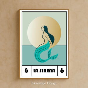 La Sirena Lotería Mexicana Ilustración Digital | Mexican Lotería Card Art Print | Arte Femenino Mágico y Cultural | Escarabajo Design