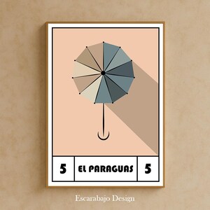 Puede incluir: Un cuadro enmarcado con un diseño de paraguas estilizado. El paraguas está compuesto por segmentos triangulares en tonos azules, grises y beige. El texto "EL PARAGUAS" se muestra debajo, con el número "5" a cada lado.