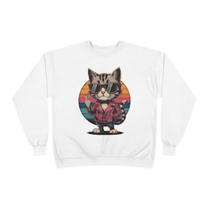 Cool Cat Unisex Crewneck Sweatshirt, Vintage Cat Lover Apparel, Funny Gift for Pet Owners, Sustainable Eco-Friendly Casual Wear