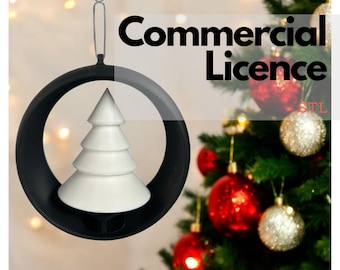 May include: A white 3D printed Christmas tree ornament hanging from a black ring. The ornament is suspended in front of a Christmas tree decorated with red and silver ornaments. The text "Commercial Licence" is visible in the background.