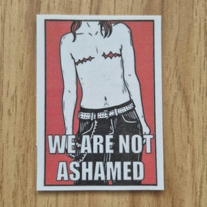 May include: A sticker with a red background and a black and white illustration of a person with the text "WE ARE NOT ASHAMED" printed on it.