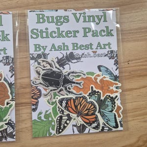 Może przedstawiać: Pakiet naklejek winylowych Bugs autorstwa Ash Best Art. Pakiet zawiera różne naklejki z owadami, w tym motyle i chrząszcze, w odcieniach pomarańczu, czerni i błękitu. Naklejki są prezentowane w przezroczystej plastikowej osłonie.