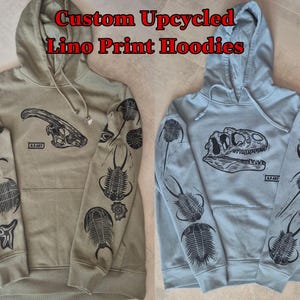 Upcycled Lino Print Hoodie: Custom Fossil & Skull Design