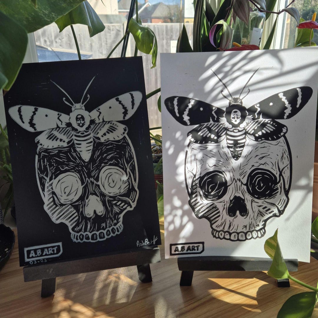 Skull and Moth Linocut Art Print: Handmade Gothic A4 Artwork - Etsy