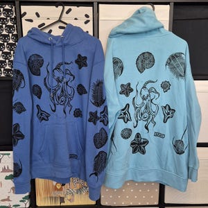 Blue Upcycled Octopus Printed hoodies -  Multi Size - Sea Life print - Unique Eco Friendly Clothing - Trilobite Fossils