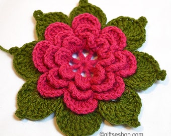 Crochet Flower Pattern with Leaves no86