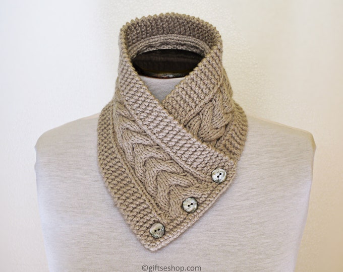 Coffee Bean Neck Warmer, Cowl, Three Button Scarf Knit, Crochet, Handmade Etsy