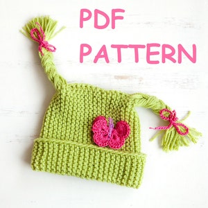 Baby hat knitting pattern — Children hat with braids and crochet butterfly n45