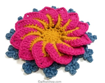 Crochet Flower Pattern-Large 12-Petals Spiral Flower for Pillow Blanket 3d no105