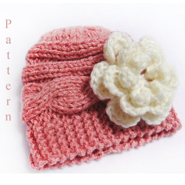 Knitting Pattern Baby Hat- Knit Newborn Cable Hat Pattern with Flower in PDF N42