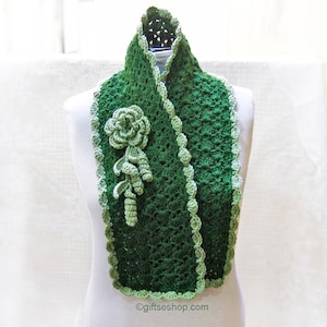 Green Crochet Scarf Pattern with Flower PDF n60 image 1