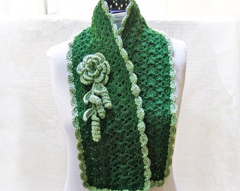 Green Crochet Scarf Pattern with Flower PDF  n60