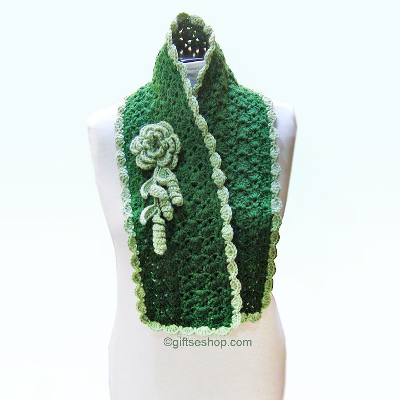 Green Crochet Scarf Pattern with Flower PDF n60 image 2