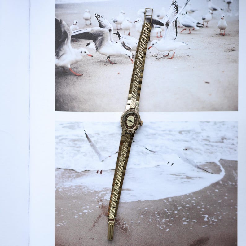 Puede incluir: Un reloj de pulsera vintage dorado con una esfera peque&ntilde;a y redonda y una correa tejida. El reloj se muestra sobre un fondo con gaviotas y una escena de playa. La correa del reloj mide aproximadamente 1,3 cm de ancho.