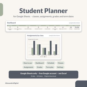 May include: A digital student planner for Google Sheets featuring a dashboard with class, assignment, and grade tracking. Includes a bar chart for assignments by class, navigation buttons for schedule and term plans, and text specifying Google Sheets only.
