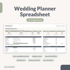 Könnte beinhalten: Eine digitale Hochzeitsplaner-Tabelle für Google Sheets mit einem Dashboard für Budget-, Gäste- und Checklisten-Daten. Die Benutzeroberfläche zeigt Kennzahlen wie verbleibende Tage, Budgetauslastung, anwesende Gäste und Menüauswahl mit Beispieldaten.