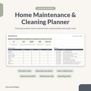 Könnte beinhalten: Ein digitaler Haushalts- und Reinigungsplaner für Google Sheets mit Dashboard zur Aufgabenverfolgung, Raumstatus und Zeitplänen. Enthält 38 Startaufgaben, automatische Fälligkeitsdaten, farbcodierte Status, saisonale Checklisten, Wartungsprotokolle und Ausgabensummen.