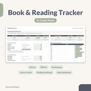 Könnte beinhalten: Ein digitaler Lese-Tracker für Google Sheets mit einem Dashboard für Lesestatistiken, Fortschrittsbalken und monatlichen Diagrammen. Enthält Reiter für Bibliothek, TBR-Liste, Leseprotokoll, Serien-Tracker und ein Statistik-Dashboard.