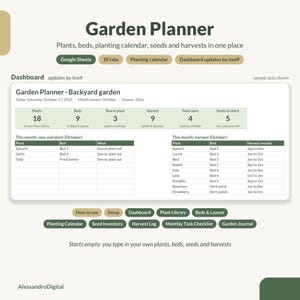 Könnte beinhalten: Ein digitales Garden Planner Dashboard für Google Sheets mit Pflanzkalender, Saatgutinventar und Ernteprotokoll. Die Benutzeroberfläche zeigt Tabellen für die Aussaat und Ernte im Oktober sowie Registerkarten für Pflanzen.