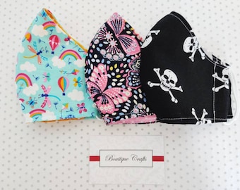 Kids Face Mask With filter Pocket - Handmade - Re-Usable - 100% Cotton - Washable - adjustable ear elastic - Face Covering - Ages 7-14