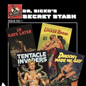 Può includere: Una collezione di copertine di fumetti vintage con illustrazioni di uomini in varie scene. Le copertine sono intitolate "28 Gays Later", "Locker Room", "Tentacle Invaders" e "Dragons Made Me Gay".