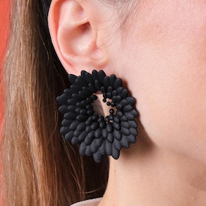Può includere: Un orecchino nero a forma di fiore con una superficie strutturata. L'orecchino ha un design circolare con un gruppo di piccoli elementi arrotondati che formano i petali. L'orecchino è indossato sull'orecchio, con l'orecchio e il collo visibili.