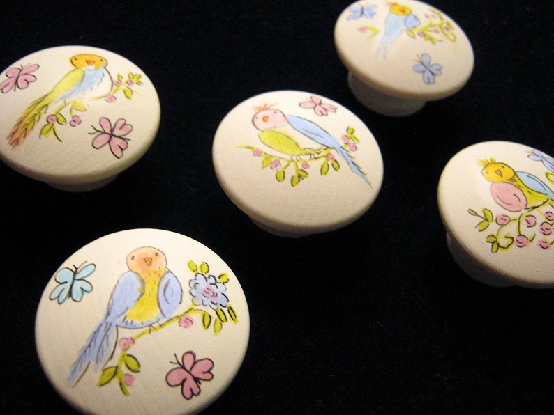 Set of 5 Sweet Pastel Bird Knobs Hand Painted