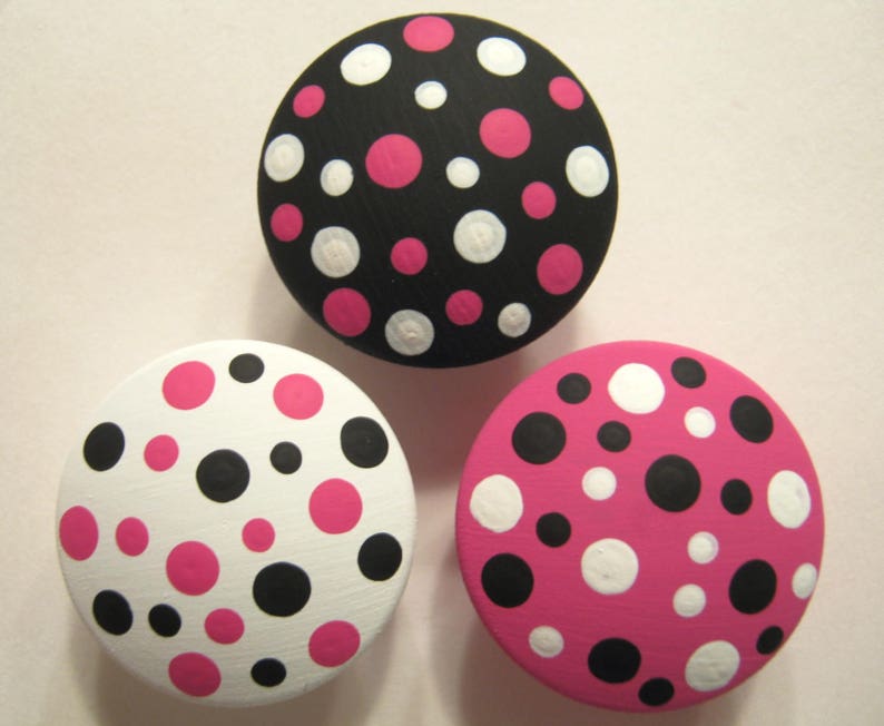 Hand Painted Knobs Set of 8-2 Knobs Hot Pink Black and White Polka Dots