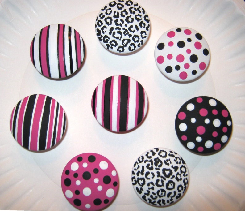 Hand Painted Knobs Set of 8-2 Knobs Hot Pink Black and White Polka Dots
