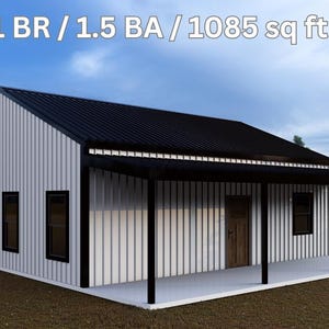 May include: A white metal barndominium with a black roof and a covered porch. The building has a single door and two windows. The text "Aspen - 1 BR / 1.5 BA / 1085 sq ft" is displayed above the building. The text "BIL BARNDOMINIUMS PLUS" is displayed in the upper right corner of the image.