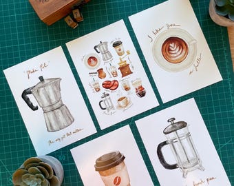 Set of 5 Coffee Postcards w/ Envelope, Digitally Hand-painted, Watercolour Effect, Mini Print Card Pack, Birthday/ Thanksgiving/ Anniversary