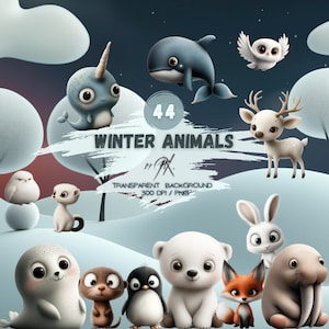 44 lindos animales de invierno, imágenes prediseñadas PNG, pingüino, oso polar, zorro, búho, conejo y más, arte de animales de invierno, fondos gratuitos, uso comercial