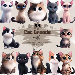 44 cliparts de races de chats aquarelles mignons, chaton kawaii PNG, Maine coon, siamois, Bengale, sphynx, British Shorthair, amoureux des chats, usage commercial
