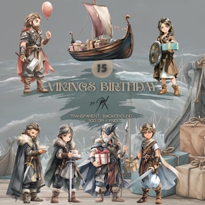Lot fête d'anniversaire viking, mignons guerriers vikings nordiques, Thor, Shieldmaidens, gâteau, ballons, graphiques de fête, clipart PNG, usage Commercial
