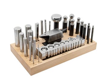 Dapping and Forming Set with Anvil - Oval, Round, and Swage In Wood Base 26 Pc
