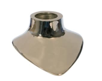 May include: A silver-colored necklace display stand with a triangular base and a round top.