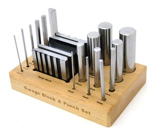18 Piece Swage Block And Punch Set With Wood Stand