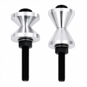 May include: Two silver-colored metal objects with a black top and a black bolt. The objects have a unique hourglass shape with a conical top and bottom. The bolts are threaded and have a hexagonal nut. The background is plain white.