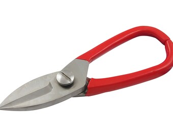 May include: Red handled metal shears with a silver blade. The shears are designed for cutting metal.