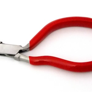 May include: Jewellery pliers with a silver metal head and vibrant red handles. The pliers have curved jaws and are set against a white background. These pliers are a useful tool for jewellery making and crafting.