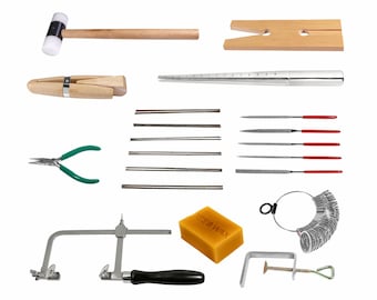 Jeweler's Tool Kit Saw Frame with 144 Blades, Solid Steel Ring Mandrel, Measuring Tool Ring sizer, Wooden Ring & Pin Clamp, Mallet Wax Files