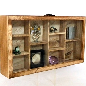 Glass Front Oak Colored Hanging Display Case 10 Compartments