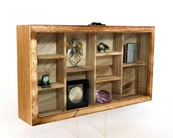 Glass Front Oak Colored Hanging Display Case 10 Compartments