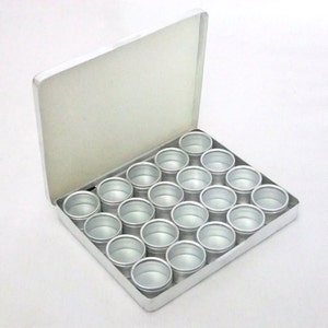 20 Aluminum Bead/Gem Canisters w Glass Lids & Aluminum Case