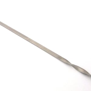 May include: A silver metal skewer with a twisted design. The skewer is about 12 inches long and has a pointed tip.