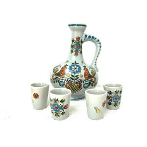 Set di decanter e bicchierini Ulmer Keramik - Metà secolo - Ceramica popolare dipinta a mano
