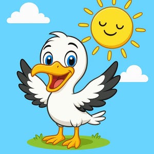 May include: A cartoon illustration featuring a cheerful seagull with white feathers, black wings, and a yellow beak and feet. The text "SUNSHINE" and "I see the sun" are displayed on a blue background with a smiling sun and clouds.