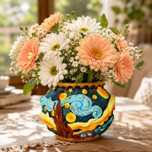 May include: A round ceramic vase featuring a textured, relief-style painting of a swirling night sky with yellow stars, a crescent moon, and a dark cypress tree. The vase is filled with a bouquet of white and peach-colored daisy-like flowers.