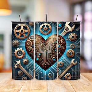 Steampunk Mechanic Heart Tumbler Wrap, Gear Circuit Board 20oz Tumbler PNG, Mechanical Heart Sublimation Design, Digital Download