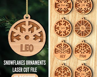 May include: A collection of wooden snowflake ornaments with laser-cut designs. One ornament is suspended with the name "LEO". The image also shows nine other ornaments with different names. The text "SNOWFLAKES ORNAMENTS LASER CUT FILE 10 DESIGNS" is also visible.